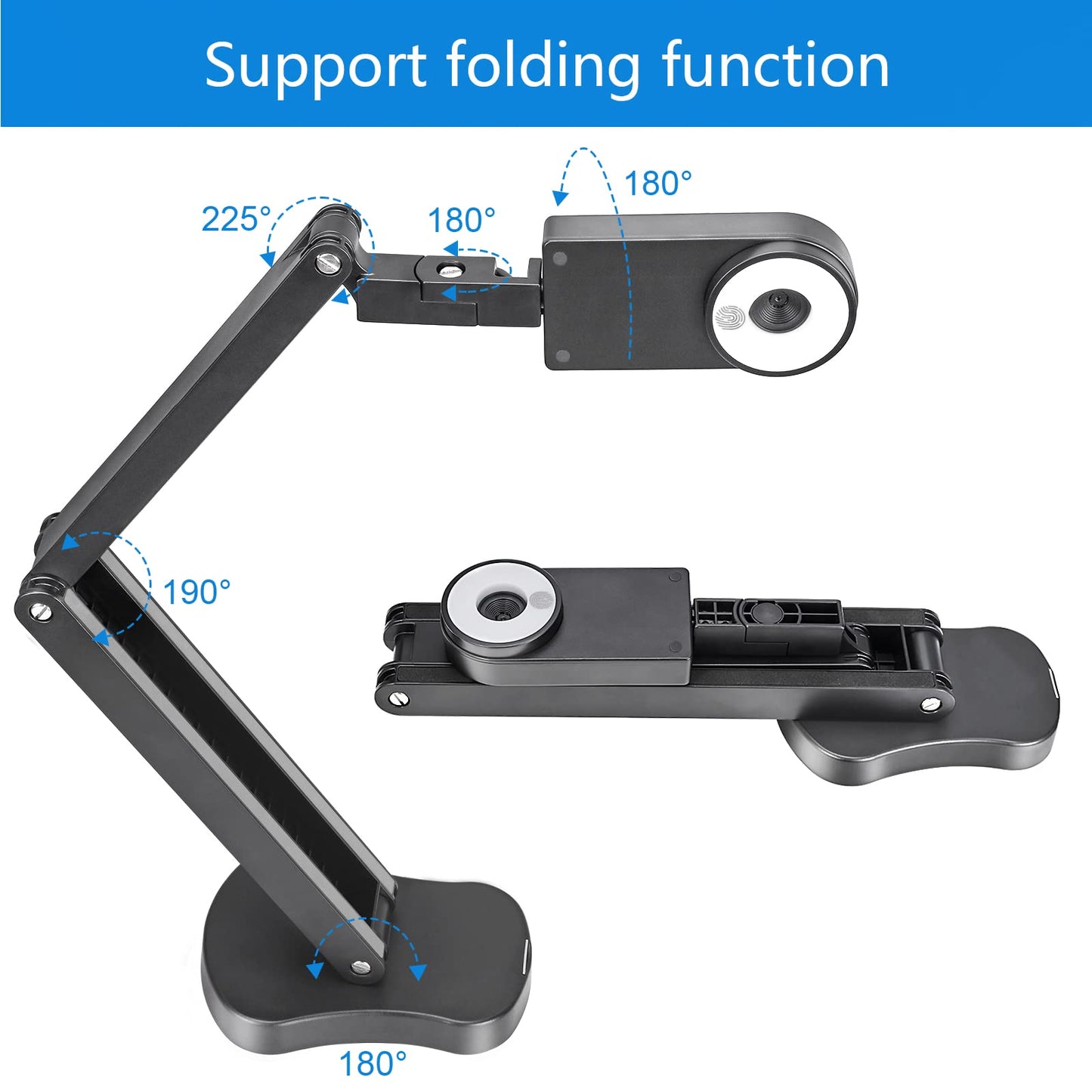 Kitchbai 4K USB Document Camera for Teacher, 8MP Webcam & Visualiser for A3 Size with Dual Microphones, 3-Level LED Light, Image Invert, Foldable for Live Demo, Work with Windows, macOS and Chrome OS