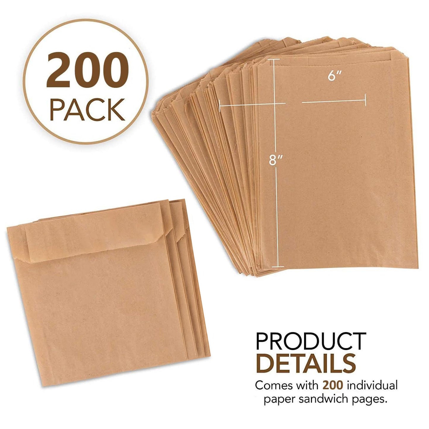 Paper Sandwich Bags Kraft Brown (200 Pack), Commercially Compostable Food Grade Unbleached Kraft Paper for Bakery, Cookies, Treats, Snacks, Sandwiches