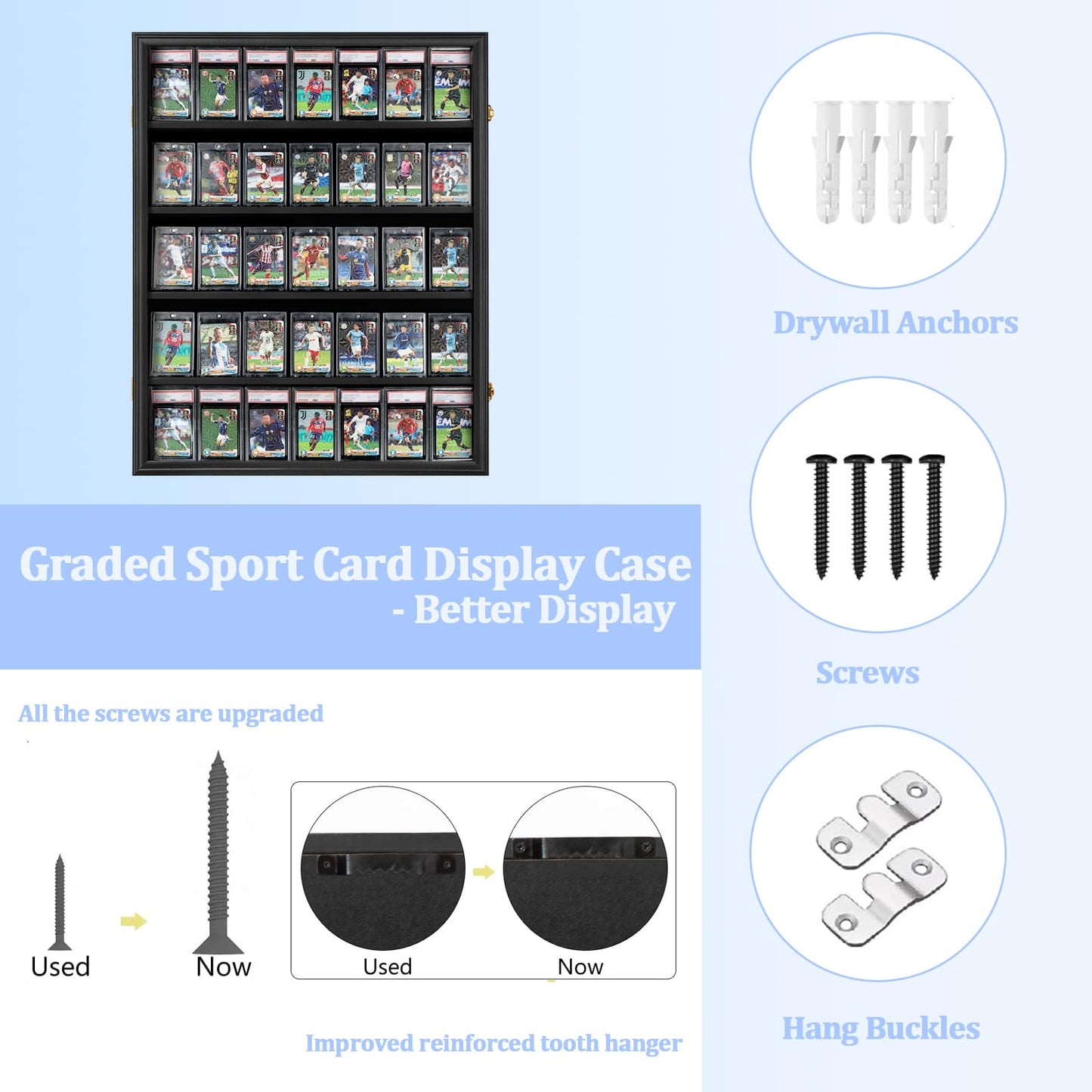 35 Graded Sports Card Display Case - Baseball Card Display Frame with UV Protection Clear View Lockable Wall Cabinet for Basketball Collectible Trading Card Black Finish