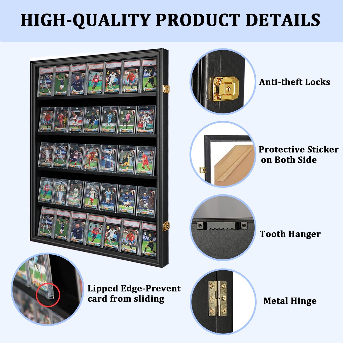 35 Graded Sports Card Display Case - Baseball Card Display Frame with UV Protection Clear View Lockable Wall Cabinet for Basketball Collectible Trading Card Black Finish