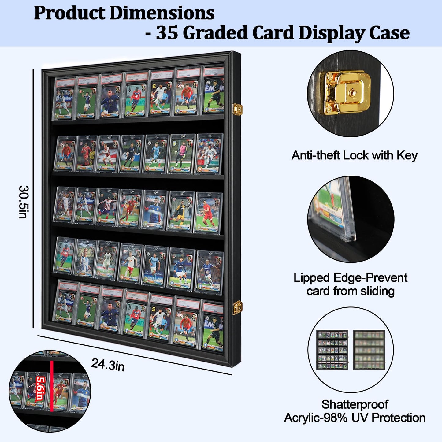 35 Graded Sports Card Display Case - Baseball Card Display Frame with UV Protection Clear View Lockable Wall Cabinet for Basketball Collectible Trading Card Black Finish