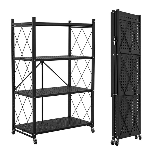 Lifetime Home 4-Tier Foldable Storage Shelf with Wheels - Metal Rack Collapsible Shelving Unit Display, Rolling Cart for Books Kitchen Storage Shelves, Pantry & Closet Organizer, Office Room Decor