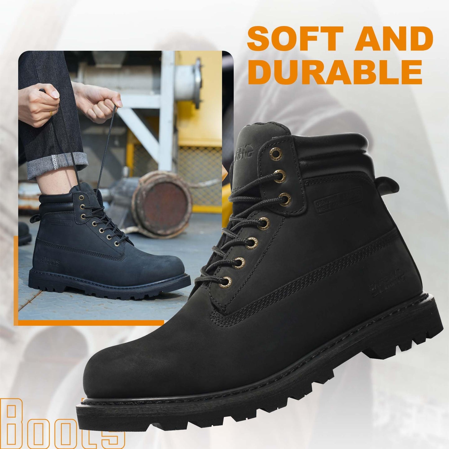 SAFETY LOONG Black Mens Work Boots Waterproof Soft Toe Non Slip Comfortable Leather Boots 10