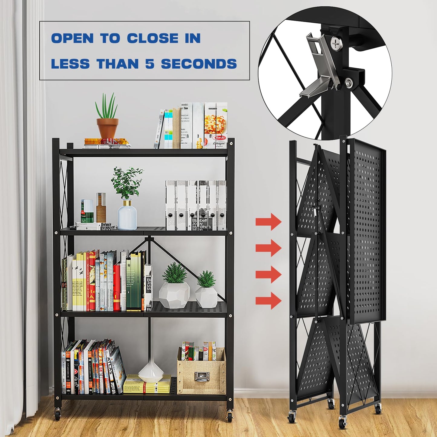 Lifetime Home 4-Tier Foldable Storage Shelf with Wheels - Metal Rack Collapsible Shelving Unit Display, Rolling Cart for Books Kitchen Storage Shelves, Pantry & Closet Organizer, Office Room Decor