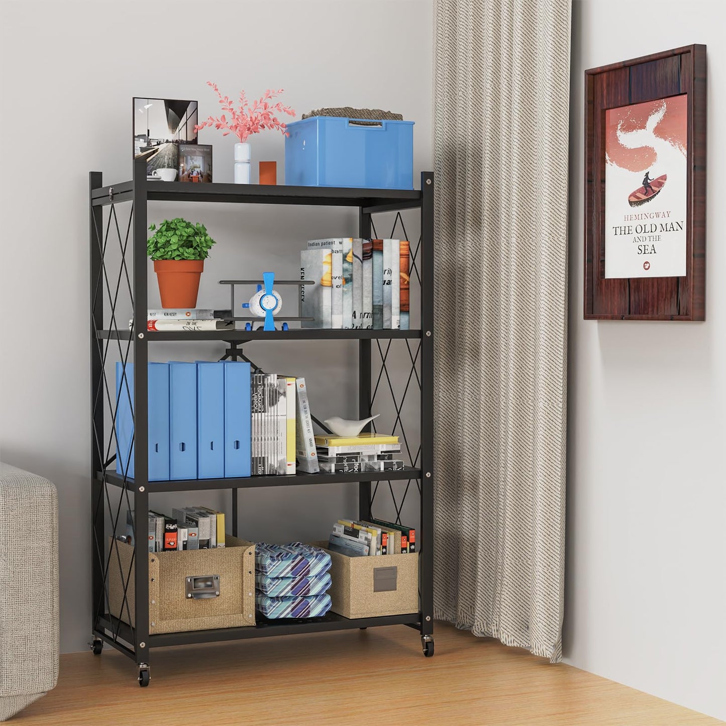 Lifetime Home 4-Tier Foldable Storage Shelf with Wheels - Metal Rack Collapsible Shelving Unit Display, Rolling Cart for Books Kitchen Storage Shelves, Pantry & Closet Organizer, Office Room Decor
